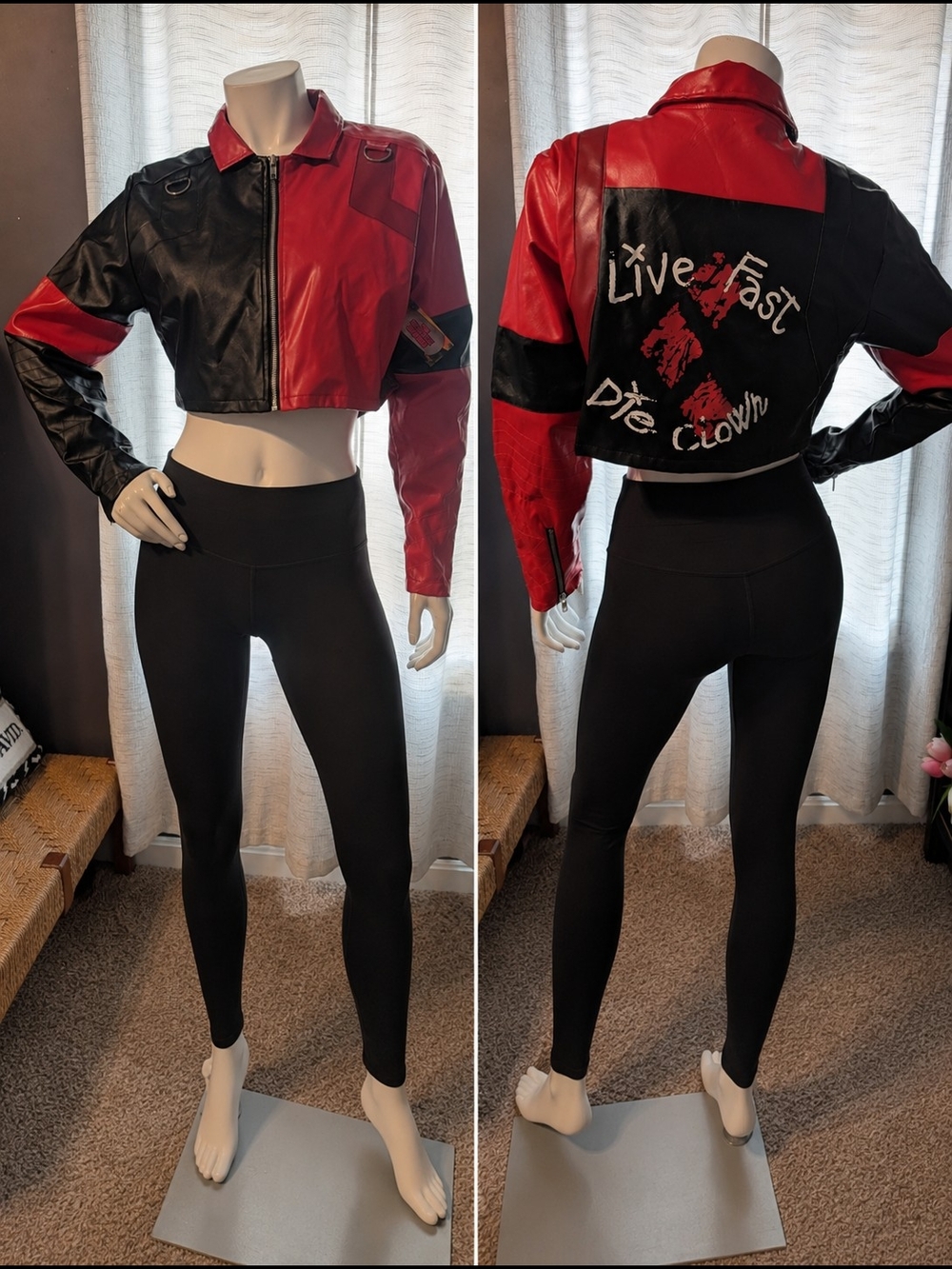 Suicide Squad Harley Quinn Cropped Faux LeatheJacket - 'Live Fast Die Clown'